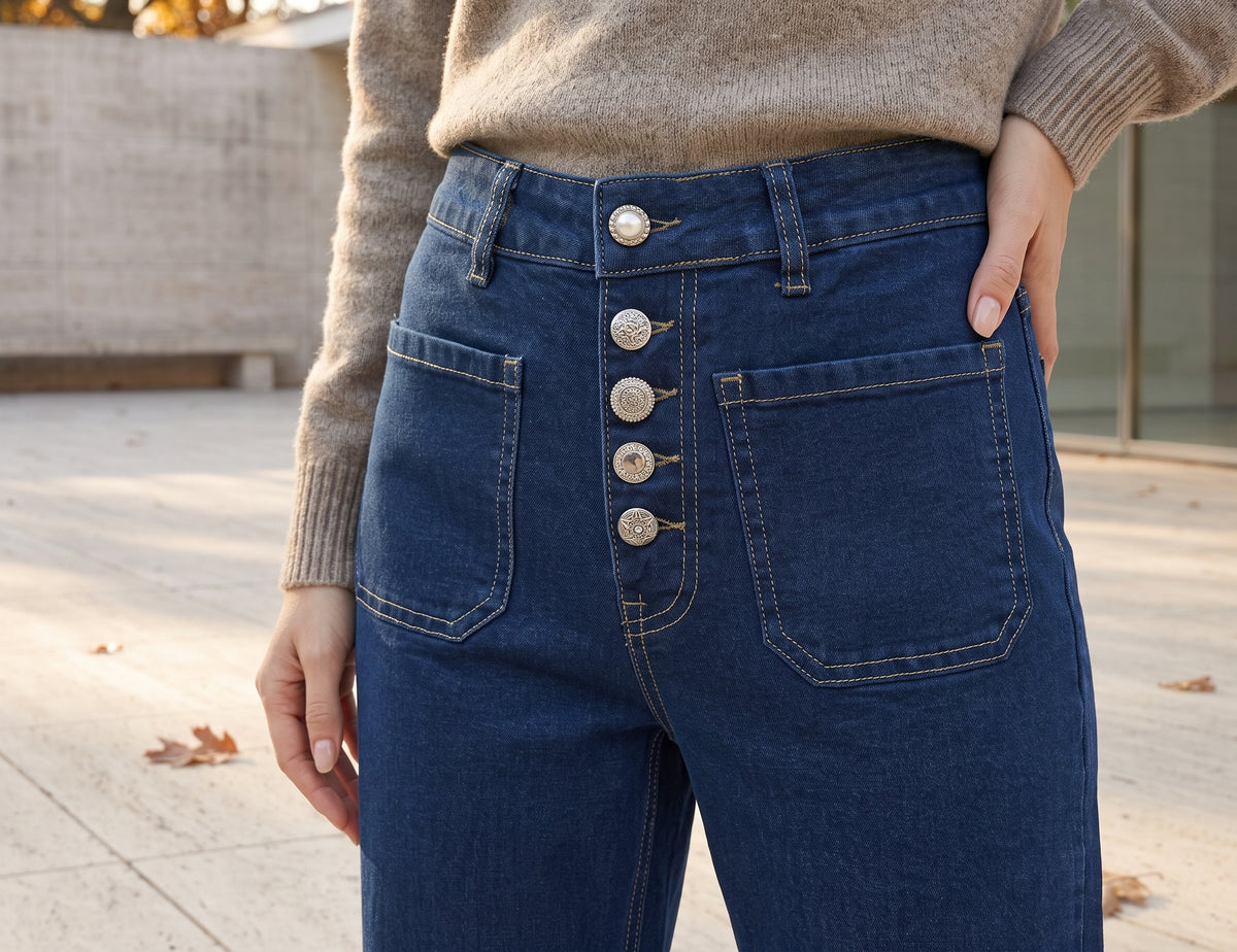 Jean Wide Leg – Grande Taille – 5 Boutons Uniques & Poches Plaquées