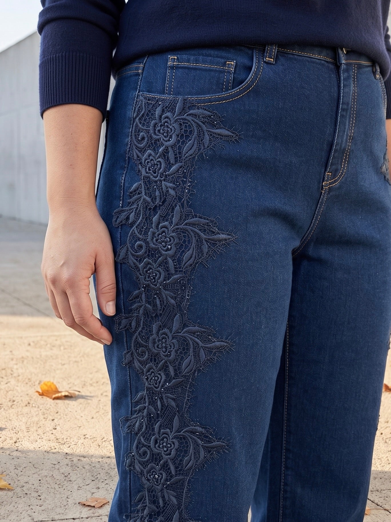 Jean Wide Leg – Grande Taille – Bandes Dentelle Latérales