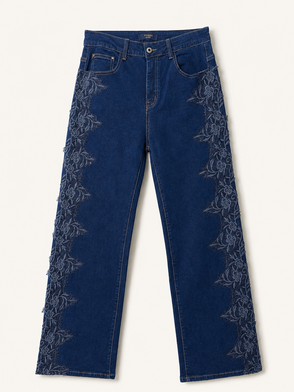 Jean Wide Leg – Grande Taille – Bandes Dentelle Latérales
