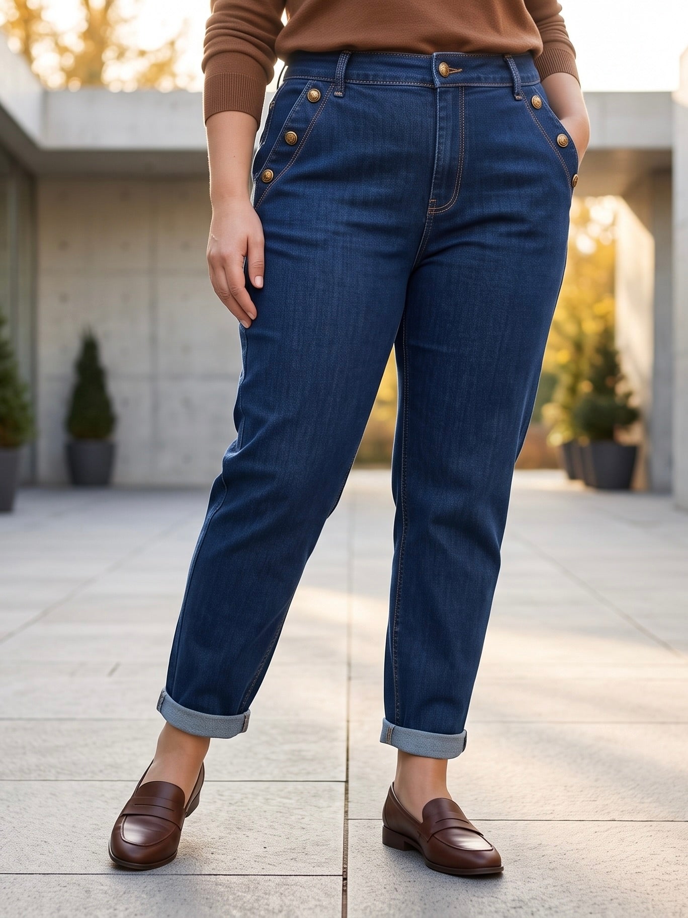 Jean Mom Fit – Grande Taille – Boutons Dorés aux Poches