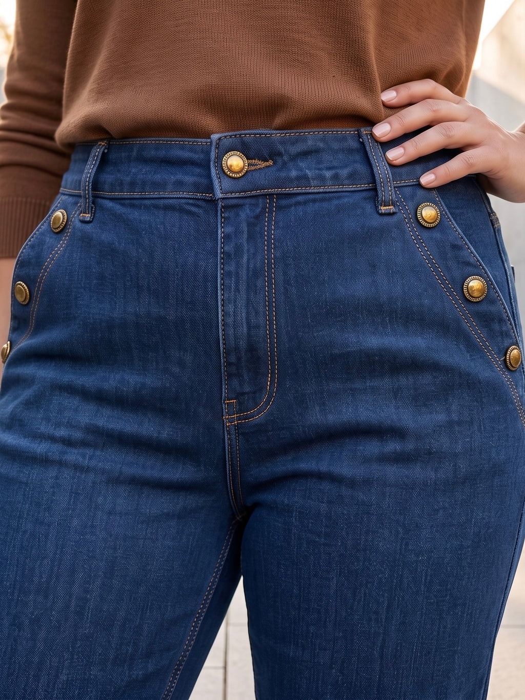 Jean Mom Fit – Grande Taille – Boutons Dorés aux Poches