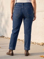 Jean Droit 7/8ème – Grande Taille – Broderie Fleurs Bas de Jambe
