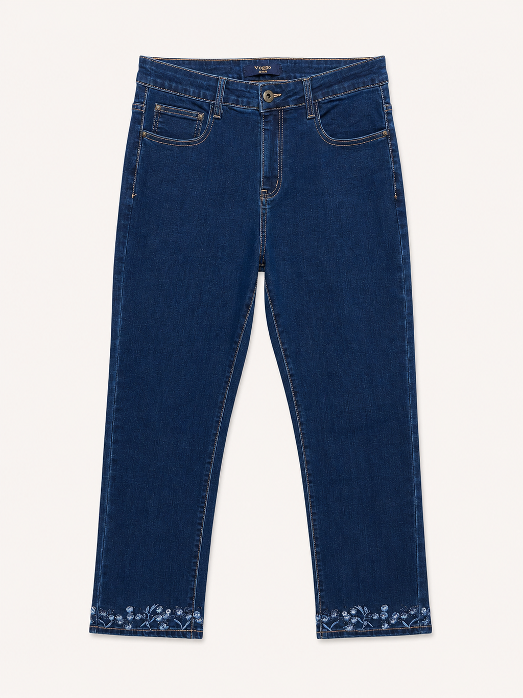 Jean Droit 7/8ème – Grande Taille – Broderie Fleurs Bas de Jambe