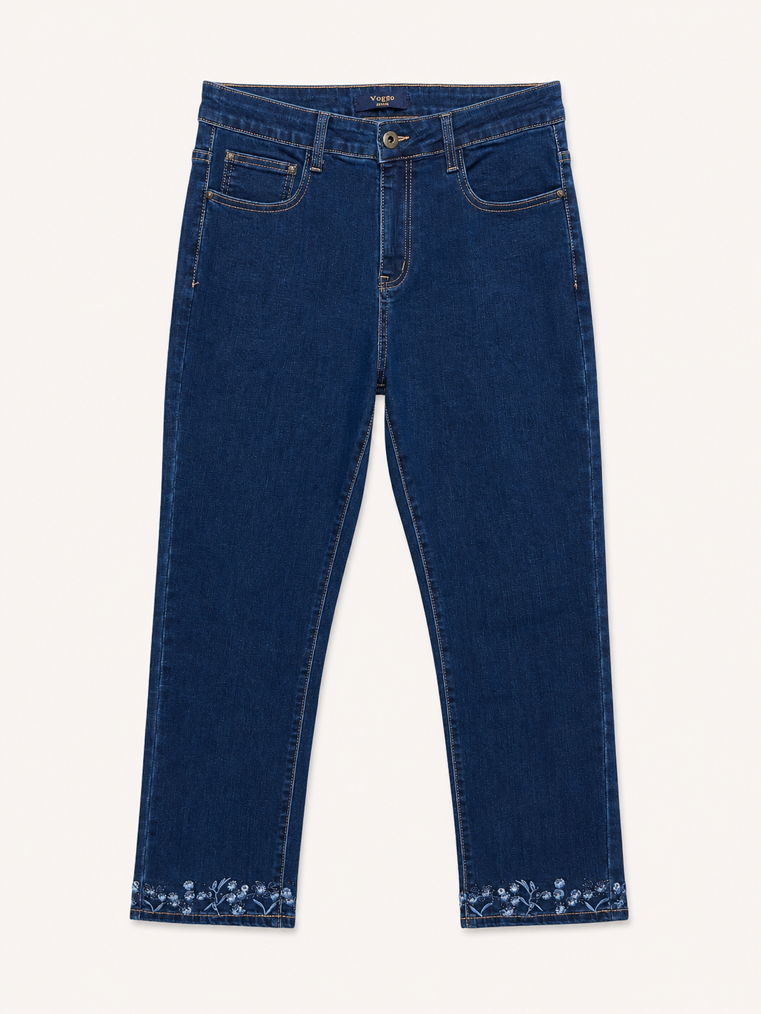 Jean Droit 7/8ème – Grande Taille – Broderie Fleurs Bas de Jambe